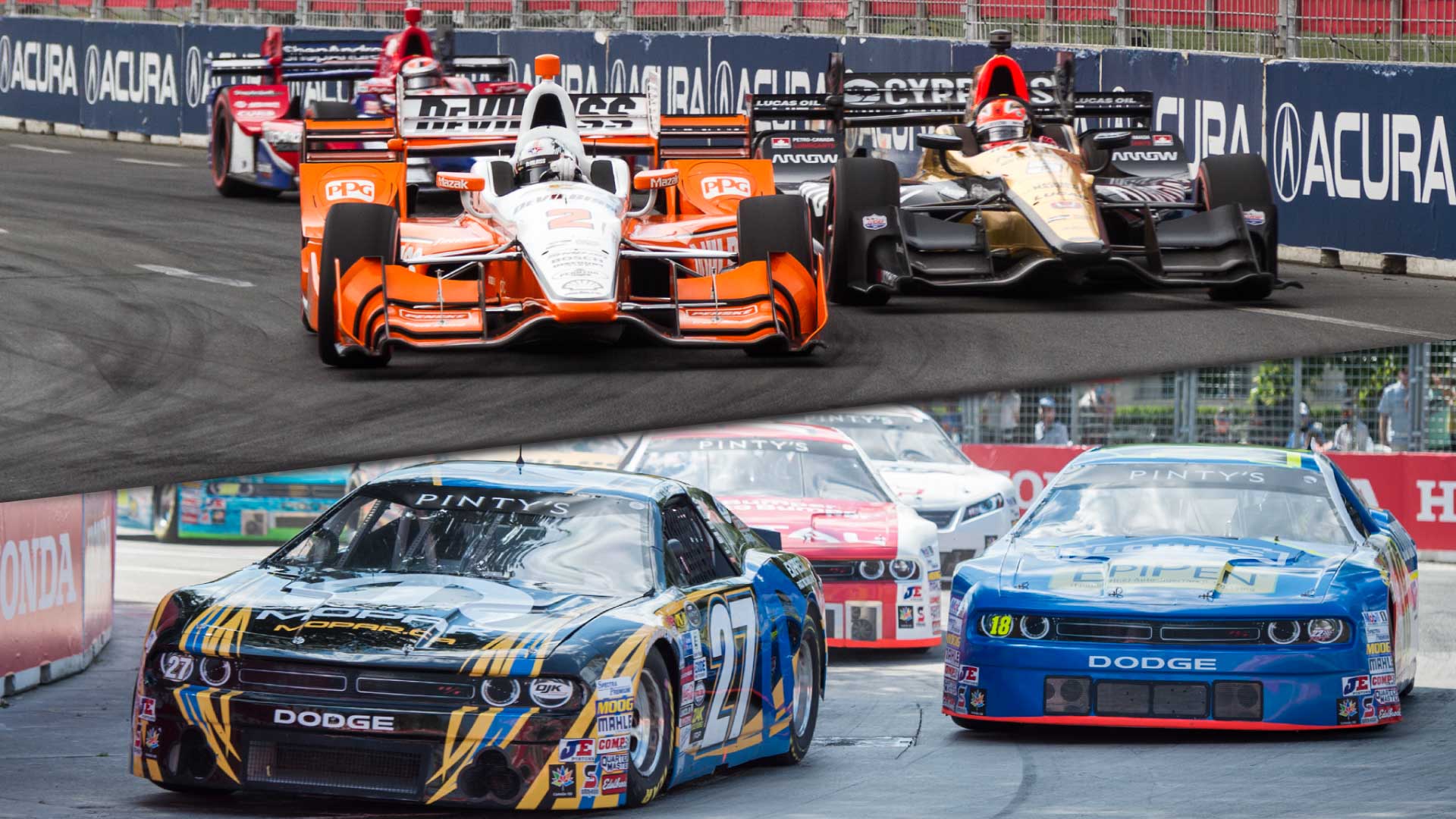 Indy Cars and NASCARS on the Honda Indy Toronto Track